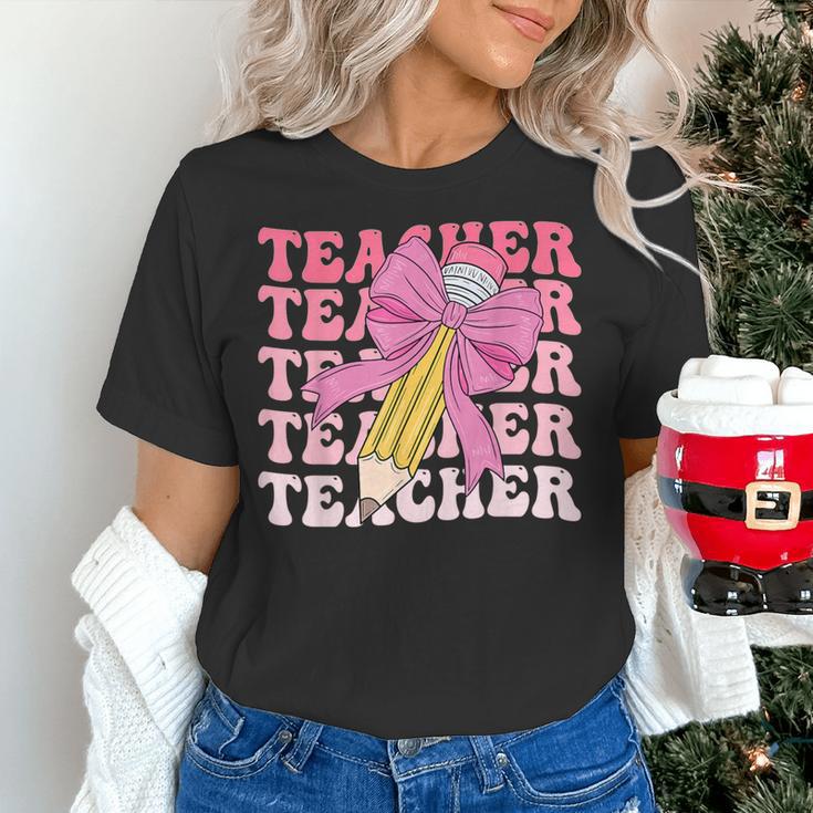 Teacher Pencil Back To School Groovy Pink Teacher First Day Women's T-Shirt, Groovy Teacher Shirts, gift for family, gift for coworker Teacher Pencil Back To School Groovy Pink Teacher First Day Women's T-Shirt, Groovy Teacher Shirts, gift for family, gift for coworker