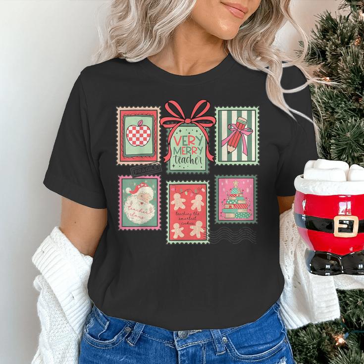 Vintage Preppy Very Merry Teacher Santa Stamps Christmas Women's T-Shirt, gift for family, gift for coworker Vintage Preppy Very Merry Teacher Santa Stamps Christmas Women's T-Shirt, gift for family, gift for coworker