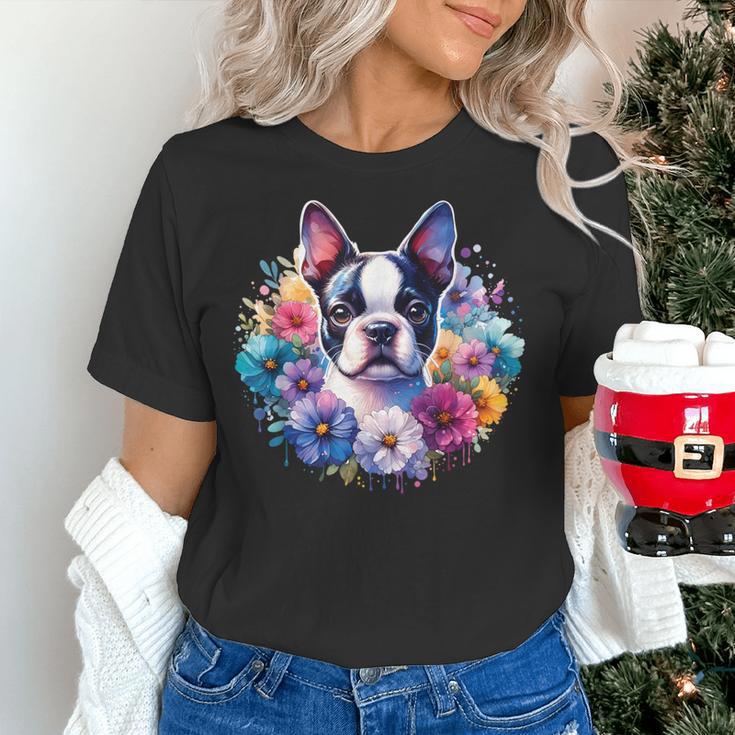 Watercolor Floral Boston Terrier Mama Dog Lover Mother's Day Women's T-Shirt, gift for family, gift for coworker