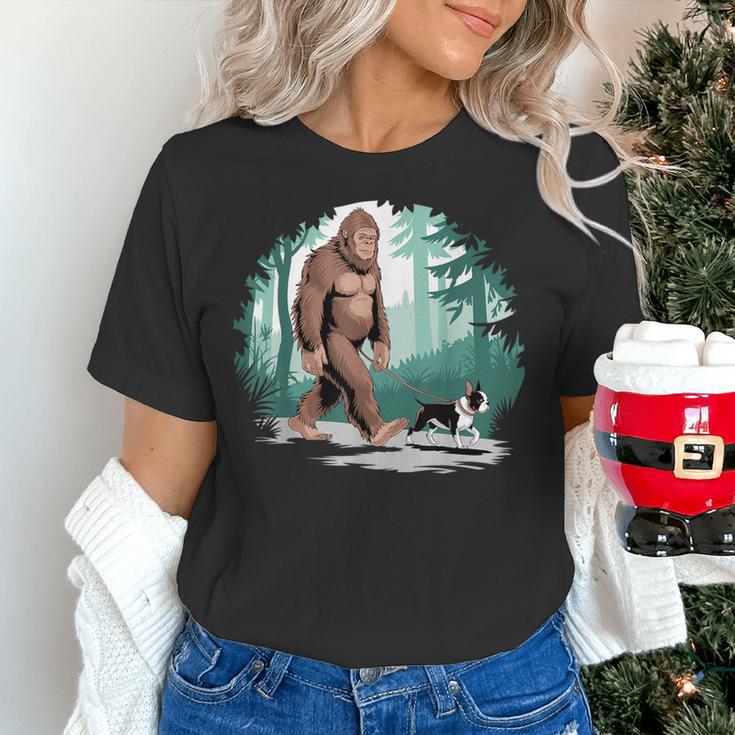 Whimsical Forest Adventures Sasquatch Bigfoot Walking Boston Terrier Dog Lovers Women's T-Shirt, gift for family, gift for coworker