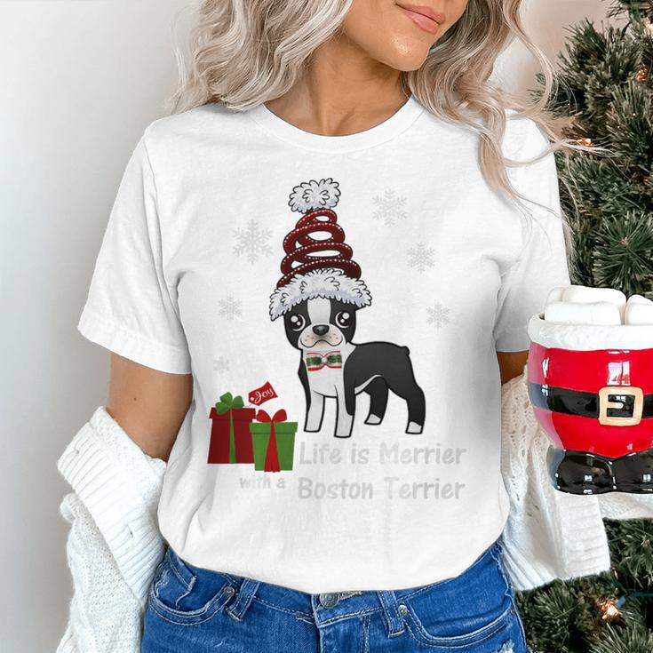 Boston Terrier Christmas T Shirt-Life Is Merrier Premium Tri-Blend Women's T-Shirt, Boston Terrier Christmas Shirts, gift for family, gift for coworker