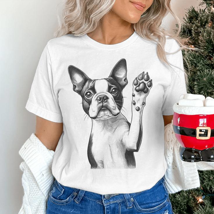 Boston Terrier Dog Raising Paw Idea Men Women Women's T-Shirt, gift for family, gift for coworker