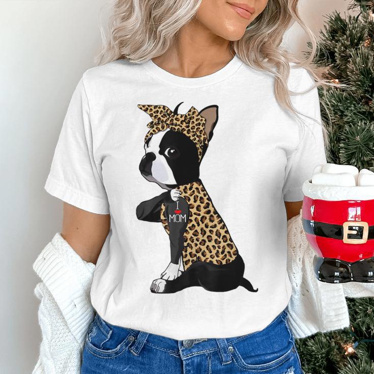 Boston Terrier Lover I Love Mom Tattoo Leopard Women's T-Shirt, Boston Terrier Mom Shirts, gift for family, gift for coworker