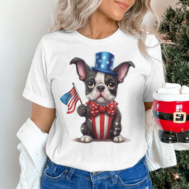 Boston Terrier Puppy Dog Holds His American Flag 4th Of July Women's T-Shirt, American Boston Terrier Shirts, Boston Terrier 4th Of July Shirts, gift for family, gift for coworker