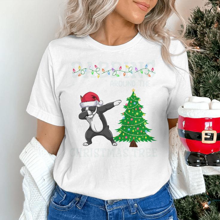 Boston Terrier Santa Hat Dabbing Around The Christmas Tree Women's T-Shirt, Boston Terrier Christmas Shirts, gift for family, gift for coworker