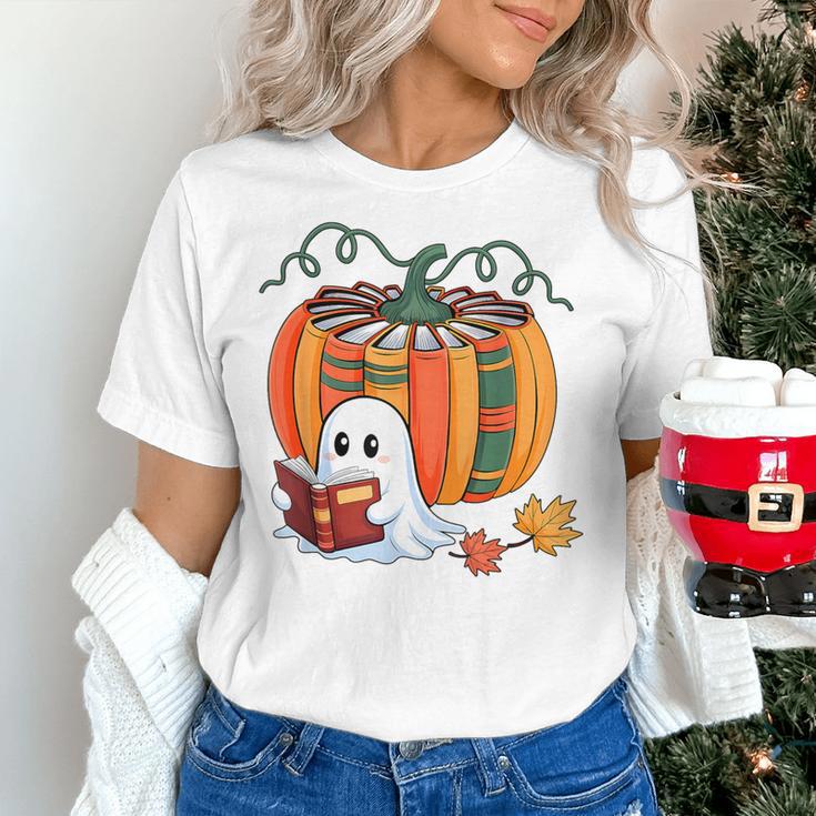 Fall Book Pumpkin Books Ghost Reading Halloween Teacher Women's T-Shirt, gift for family, gift for coworker