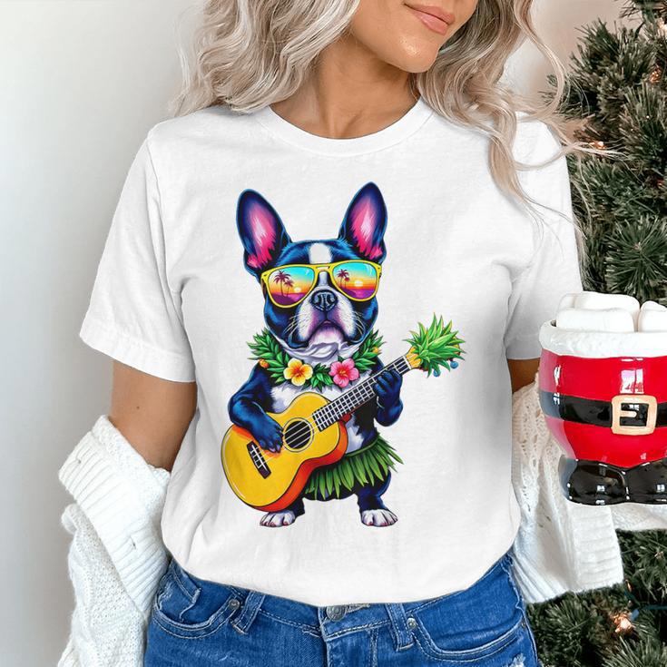 Hawaiian Boston Terrier & Pineapple Ukulele Summer Vacation Women's T-Shirt, gift for family, gift for coworker