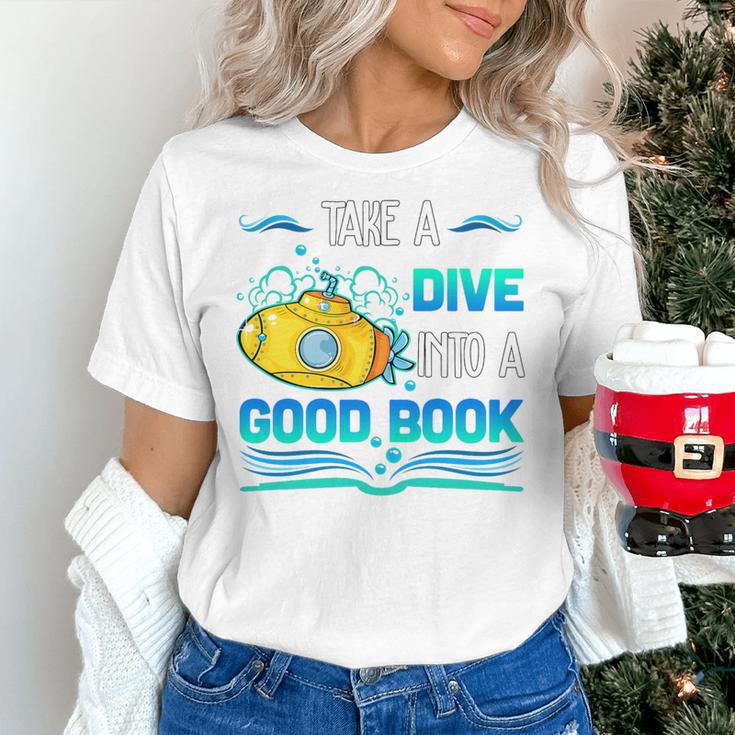 Librarian Teacher Dive Into A Good Book Reading Premium Tri-Blend Women's T-Shirt, gift for family, gift for coworker