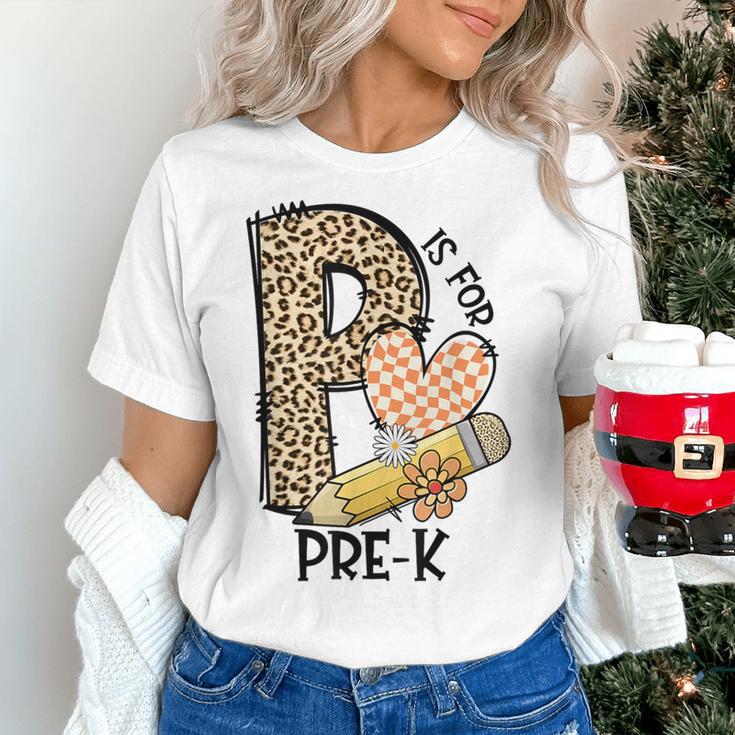 P Is For Pre K Teacher Leopard First Day Of School For Men Women Girls Kids Women's T-Shirt, gift for family, gift for coworker
