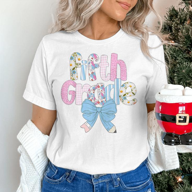 Preppy Fifth Grade Teacher Blue Floral Coquette Pencil Bow Women's T-Shirt, gift for family, gift for coworker