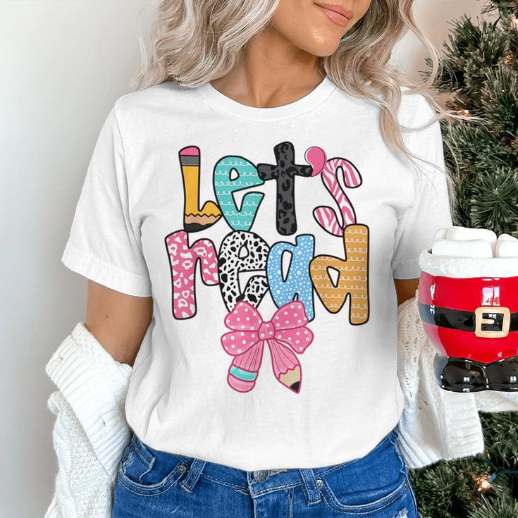 Lets Read Reading Teacher Back To School Literacy Pencil Bow Women's T-Shirt, gift for family, gift for coworker Lets Read Reading Teacher Back To School Literacy Pencil Bow Women's T-Shirt, gift for family, gift for coworker