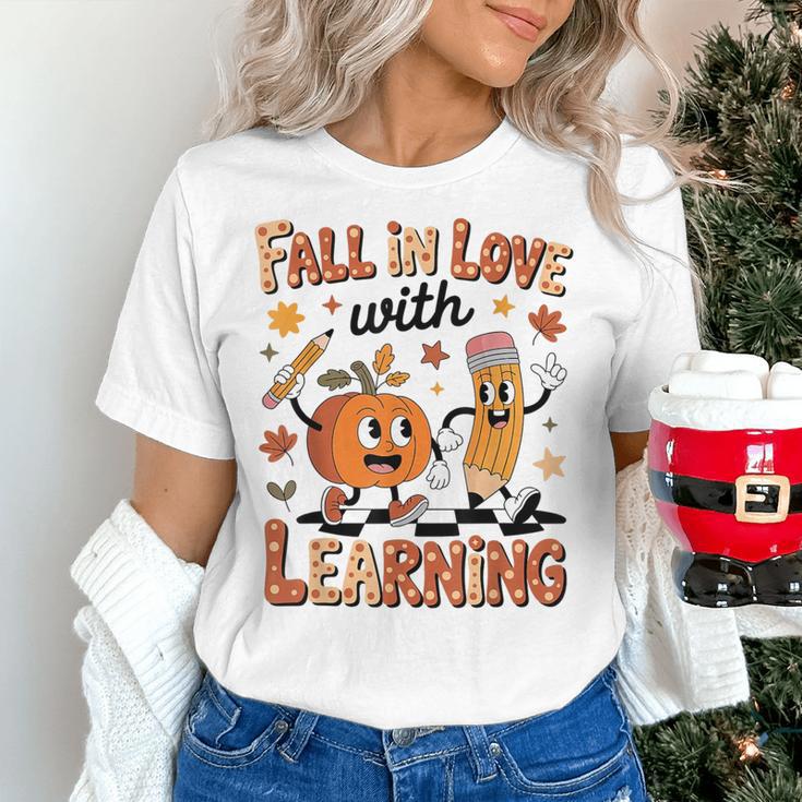 Retro Fall In Love With Learning Autumn Pumpkin Teacher Kids Women's T-Shirt, gift for family, gift for coworker Retro Fall In Love With Learning Autumn Pumpkin Teacher Kids Women's T-Shirt, gift for family, gift for coworker