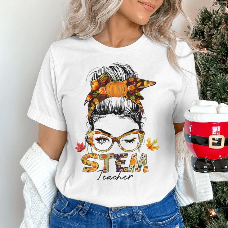 STEM Teacher Messy Bun Fall Vibes Autumn Thanksgiving Men Women Women's T-Shirt, gift for family, gift for coworker STEM Teacher Messy Bun Fall Vibes Autumn Thanksgiving Men Women Women's T-Shirt, gift for family, gift for coworker