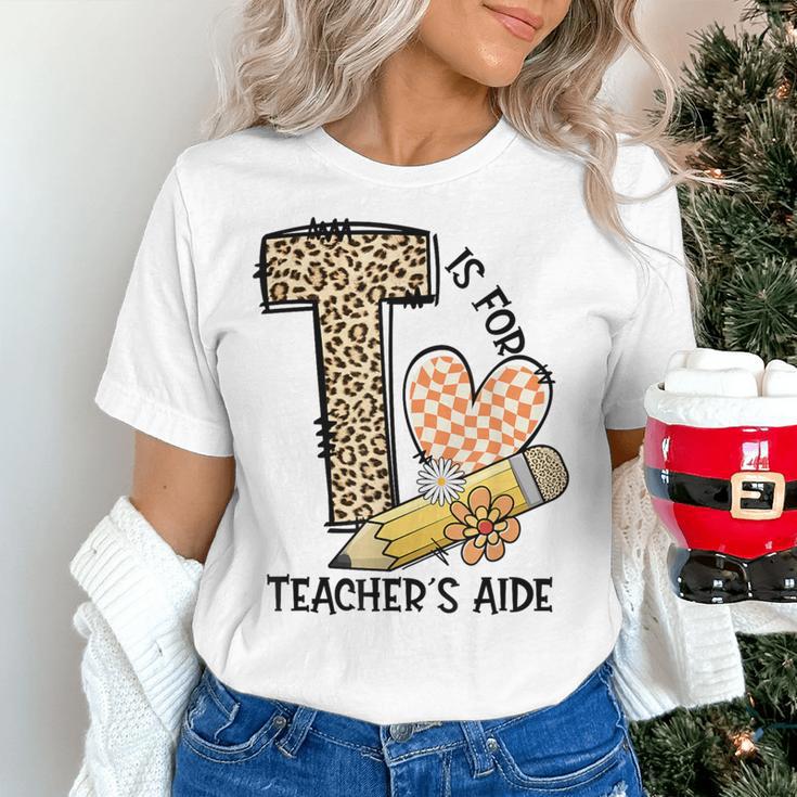 T Is For Teacher’s Aide Back To First Day Of School Leopard Men Women Girls Kids Women's T-Shirt, gift for family, gift for coworker