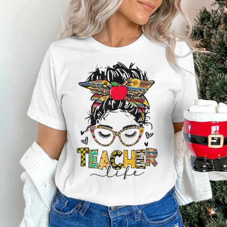 Teacher Life Messy Bun Glasses Leopard Sunflower Women's T-Shirt, gift for family, gift for coworker