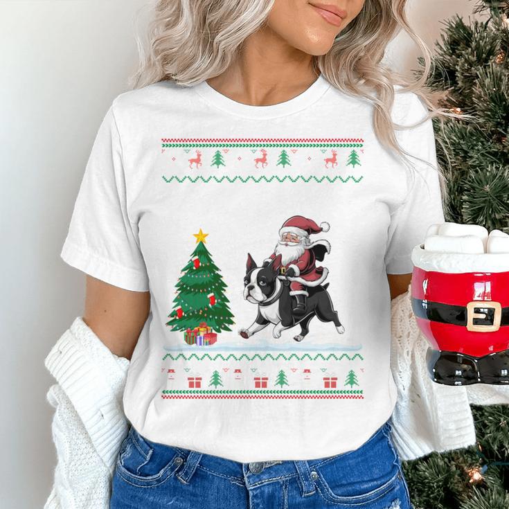 Ugly Christmas Tree Lights Xmas Santa Riding Boston Terrier Women's T-Shirt, Boston Terrier Christmas Shirts, Boston Terrier Riding Shirts, gift for family, gift for coworker