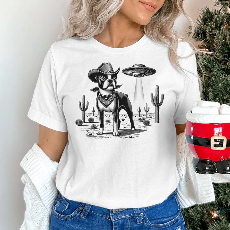 Vintage Boston Terrier UFO Western Wild West Dog Mom Dad Women's T-Shirt, Boston Terrier Dad Shirts, Boston Terrier Mom Shirts, gift for family, gift for coworker
