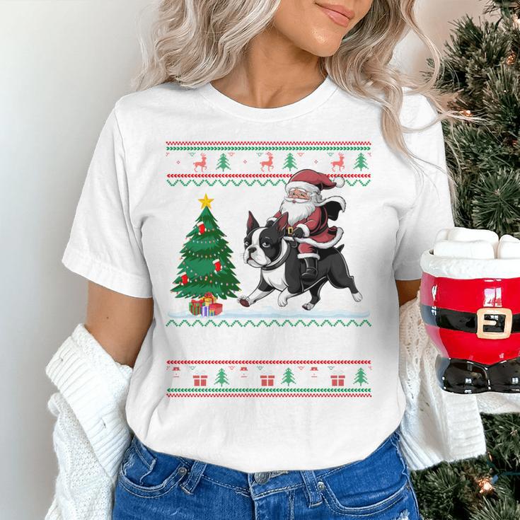 Xmas Tree Lighting Santa Riding Boston Terrier Christmas Women's T-Shirt, Boston Terrier Christmas Shirts, Boston Terrier Riding Shirts, gift for family, gift for coworker