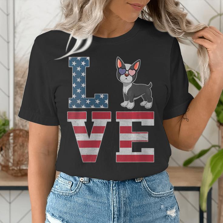 4th Of July Decor Patriotic LOVE Boston Terrier USA Flag Women's T-Shirt, Patriotic Boston Terrier Shirts, Boston Terrier 4th Of July Shirts, funny gift
