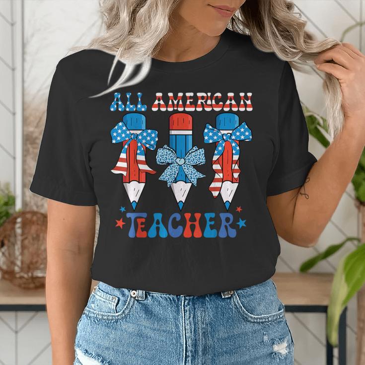 All American Teacher Pencil Coquette Bow USA Flag Teachers Women's T-Shirt, funny gift All American Teacher Pencil Coquette Bow USA Flag Teachers Women's T-Shirt, funny gift
