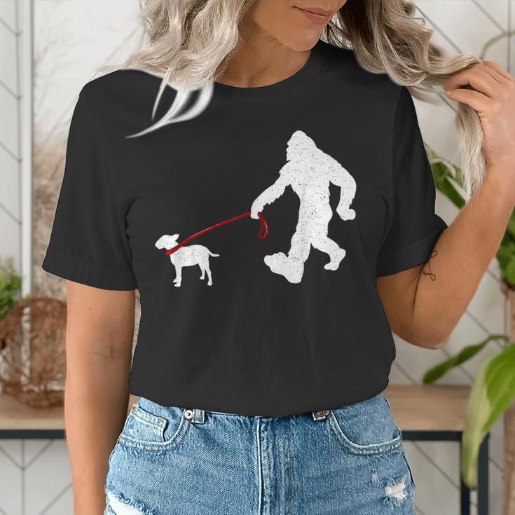 Bigfoot Walking With Bull Terrier Dog Women's T-Shirt, funny gift