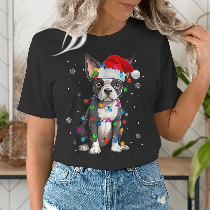 Boston Terrier Christmas Santa Hat Tree Lights Pajama Women's T-Shirt, Boston Terrier Christmas Shirts, funny gift