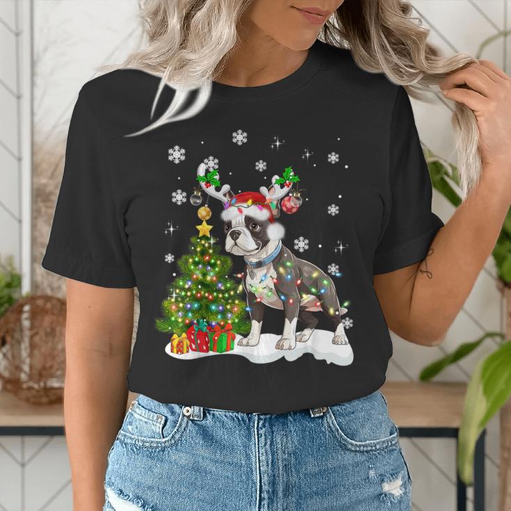 Boston Terrier Christmas Tree Lights Santa Hat Women's T-Shirt, Boston Terrier Christmas Shirts, funny gift