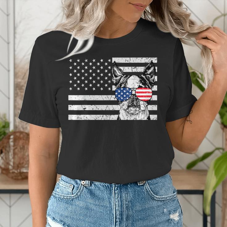 Boston Terrier Dog 4th Of July US American Flag Patriotic Women's T-Shirt, Patriotic Boston Terrier Shirts, American Boston Terrier Shirts, Boston Terrier 4th Of July Shirts, funny gift