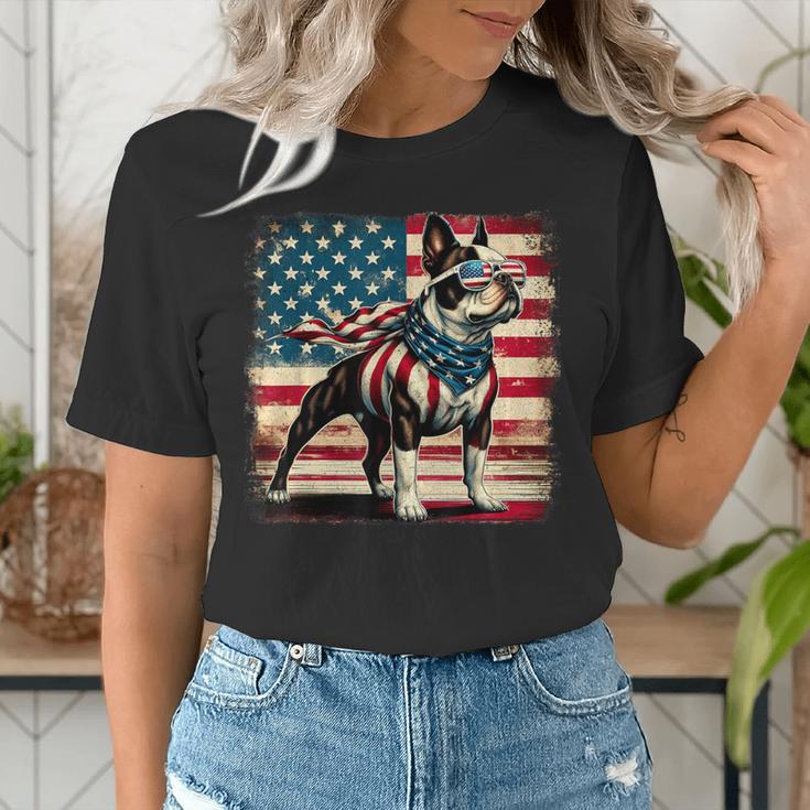 Boston Terrier Dog 4th Of July USA American Flag Patriotic Women's T-Shirt, Patriotic Boston Terrier Shirts, American Boston Terrier Shirts, Boston Terrier 4th Of July Shirts, funny gift