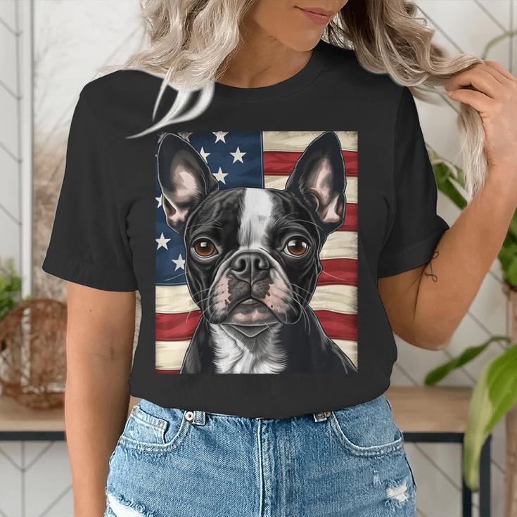 Boston Terrier Dog American Flag 4th Of July Patriotic Puppy Women's T-Shirt, Patriotic Boston Terrier Shirts, American Boston Terrier Shirts, Boston Terrier 4th Of July Shirts, funny gift
