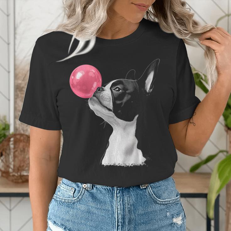 Boston Terrier Dog Blowing Chewing Bubble Gum Pink Women's T-Shirt, funny gift