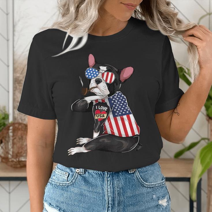 Boston Terrier Dog Merica 4th Of July Usa American Flag Men Women's T-Shirt, American Boston Terrier Shirts, Boston Terrier 4th Of July Shirts, funny gift