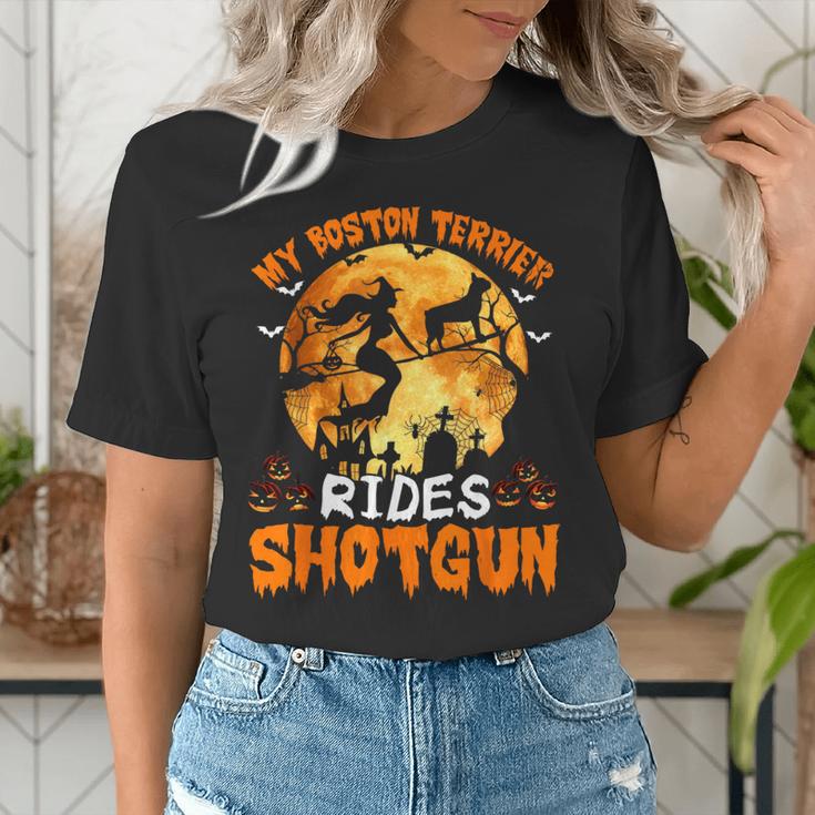 My Boston Terrier Dog Rides Shotgun Witch Halloween Men Women Women's T-Shirt, Boston Terrier Halloween Shirts, funny gift