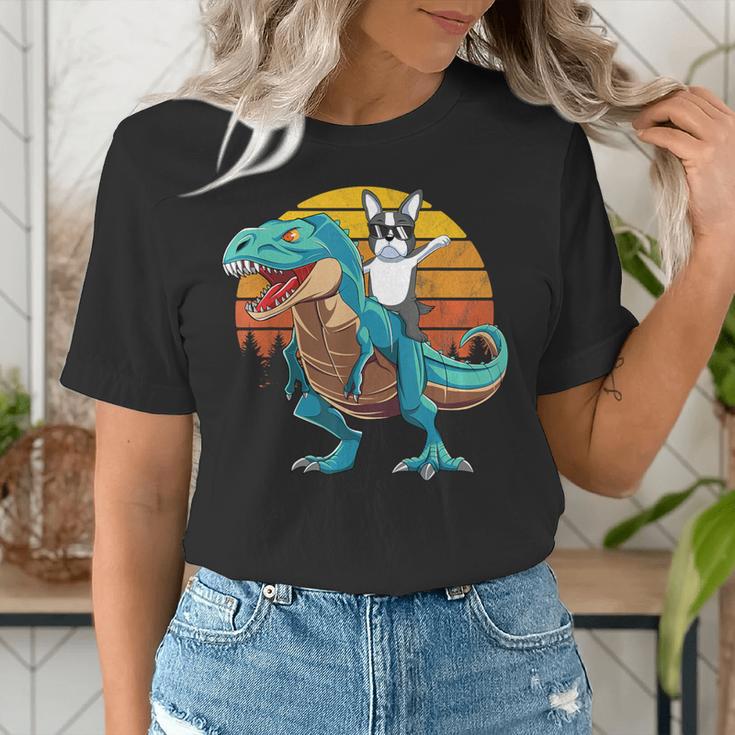Boston Terrier Dog Riding Dinosaur T Rex Boys Women's T-Shirt, Boston Terrier Riding Shirts, funny gift