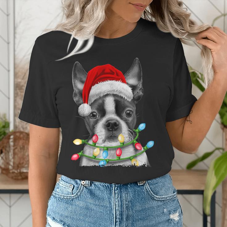 Boston Terrier Dog Santa Christmas Tree Lights Xmas Women's T-Shirt, Boston Terrier Christmas Shirts, funny gift