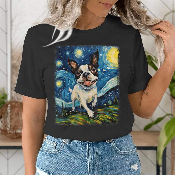 Boston Terrier Dog Starry Night Painting Women's T-Shirt, funny gift