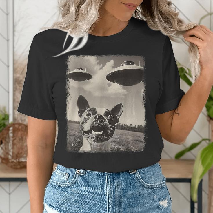 Boston Terrier Dog UFO Alien Extraterrestrial Selfie Women's T-Shirt, funny gift