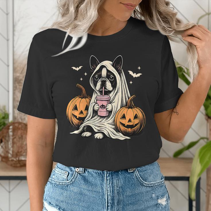 Boston Terrier Ghost Boo Halloween Costume Spooky Season Women's T-Shirt, Boston Terrier Halloween Shirts, Boston Terrier Ghost Shirts, funny gift