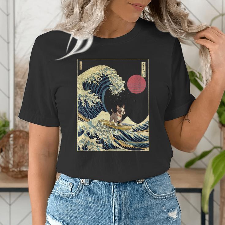 Boston Terrier Japanese Kanagawa Wave Surf Dog Women's T-Shirt, funny gift