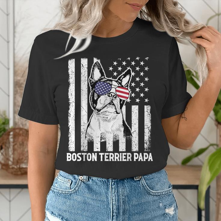Boston Terrier Papa Cool Dog Lover USA American Flag Men Women Women's T-Shirt, American Boston Terrier Shirts, funny gift