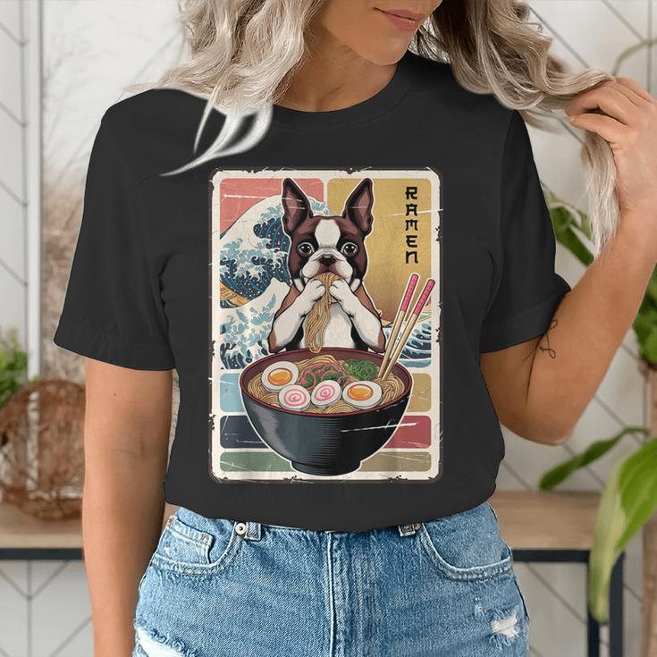 Boston Terrier Ramen Noodles Japanese Art Retro Ocean Waves Women's T-Shirt, funny gift