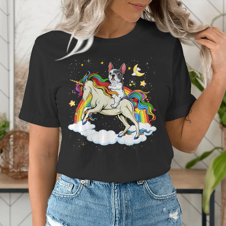 Boston Terrier Riding Unicorn Boys Girls Kids Rainbow Women's T-Shirt, Boston Terrier Riding Shirts, funny gift