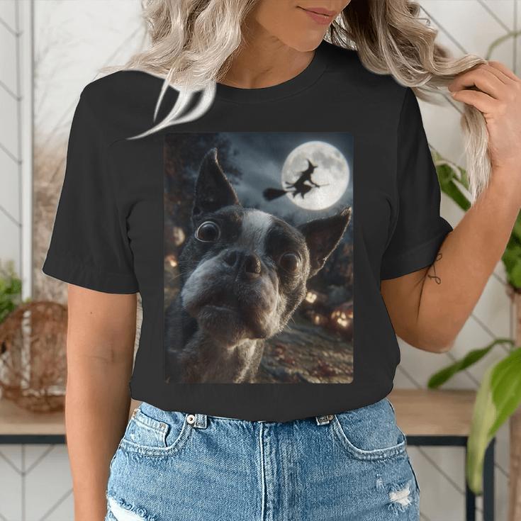 Boston Terrier Selfie Full Moon Flying Witch Halloween Dog Women's T-Shirt, Boston Terrier Halloween Shirts, funny gift