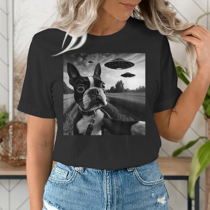 Boston Terrier Graphic Selfie With UFOs Weird Aliens Women's T-Shirt, funny gift