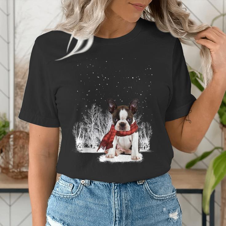 Boston Terrier In The Snow Merry Christmas Winter Women's T-Shirt, Boston Terrier Christmas Shirts, funny gift