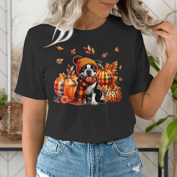 Boston Terrier Thanksgiving Leopard Pumpkins Fall Leaves Women's T-Shirt, Boston Terrier Thanksgiving Shirts, funny gift