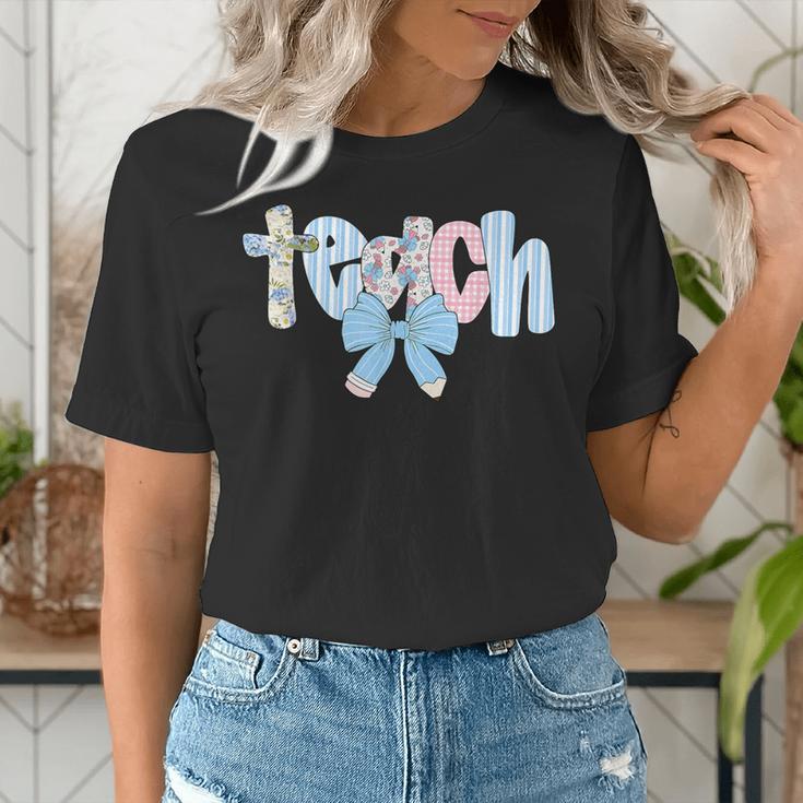 Coquette Bow Teach Teacher Happy First Day Back To School Women's T-Shirt, funny gift Coquette Bow Teach Teacher Happy First Day Back To School Women's T-Shirt, funny gift