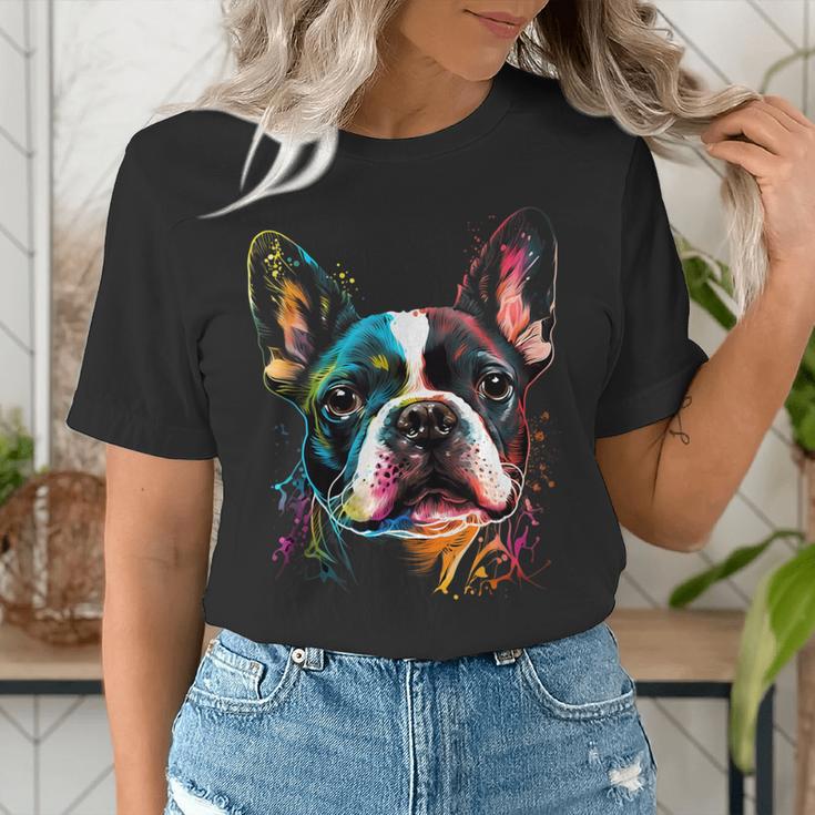 Cute Boston Terrier Puppy Dog Art Lover Unique Painting For Men Women Kids Women's T-Shirt, funny gift