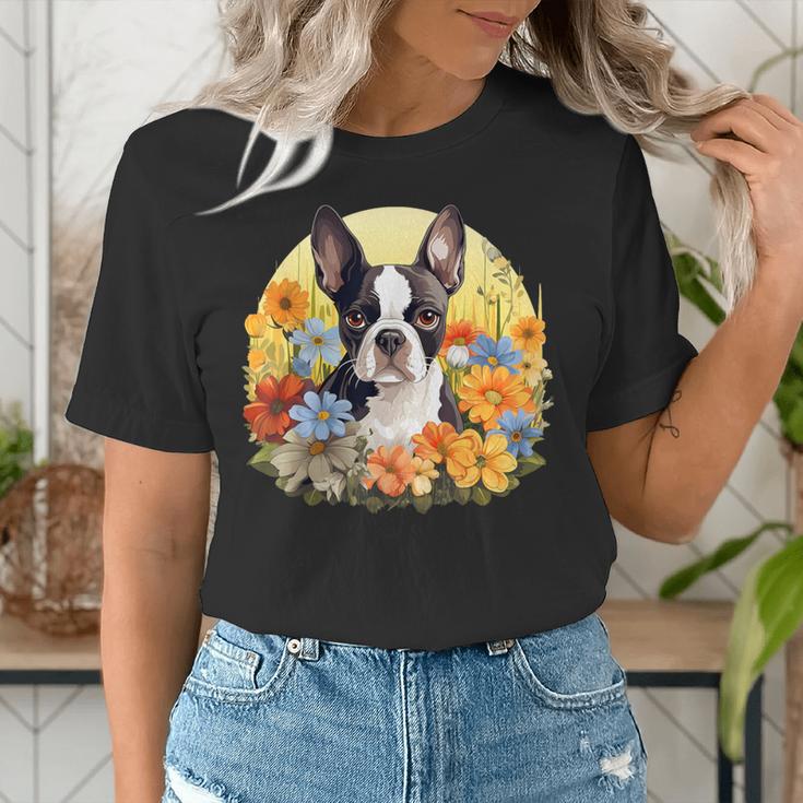 Cute Boston Terrier Spring Flower Garden Colorful Puppy Dog Women's T-Shirt, funny gift