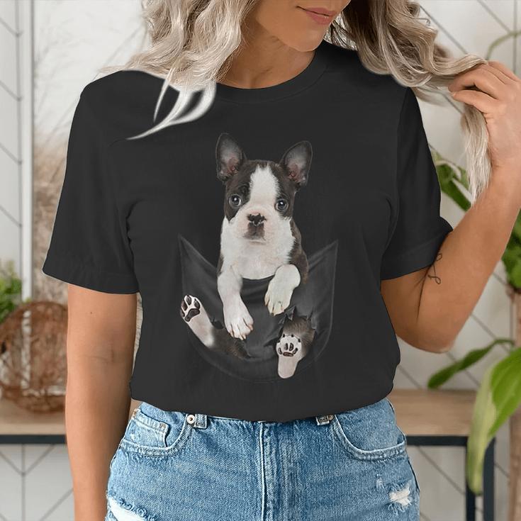 Dog Lovers Boston Terrier In Pocket Dog Face For Men Women Kids Women's T-Shirt, funny gift